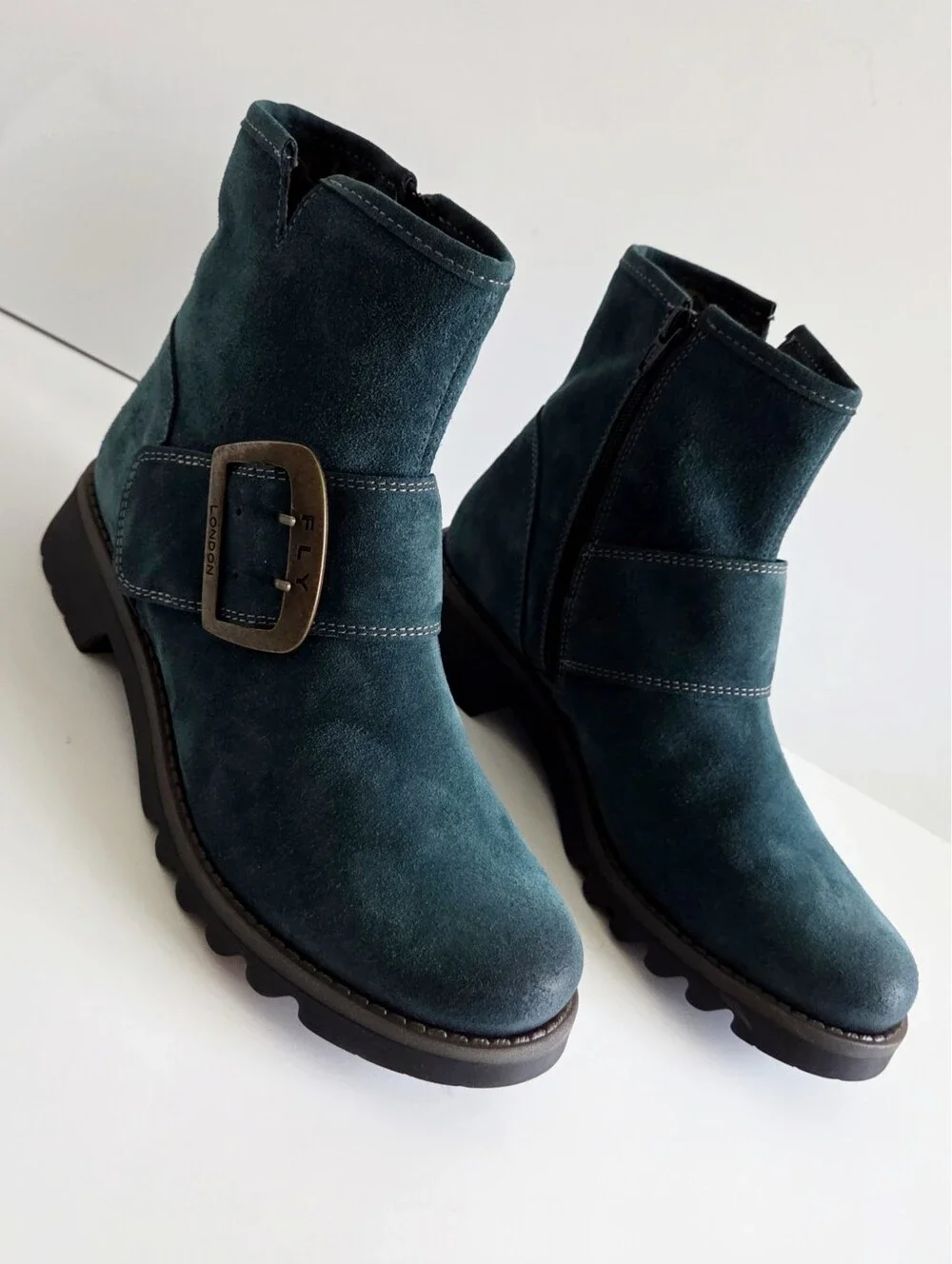 NWOT Fly London Rily Bootie "Oil Suede Petrol" / Teal, Big Buckle Sz 40, 9-9.5 - Picture 11 of 15